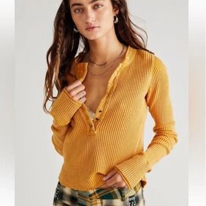 Free People FP One Colt Thermal V-neck Waffle Knit Henley Top in Mustard M NWOT